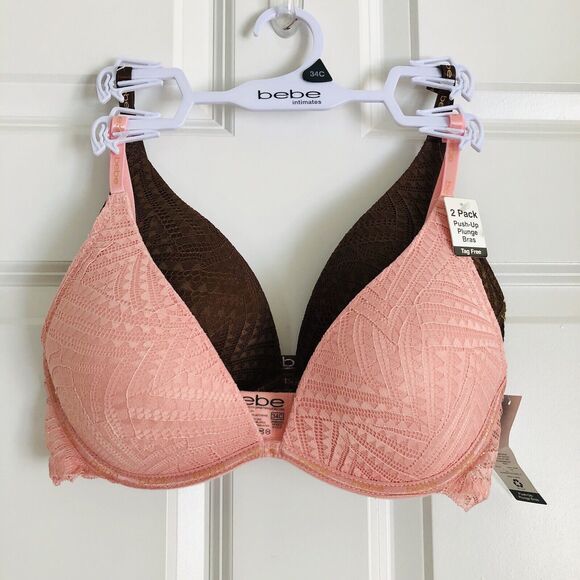 2 Pack bebe Intimates Size 34C Sexy Push Up Plunge Bras Tag Free Pink/Brown 187 - Picture 2 of 7